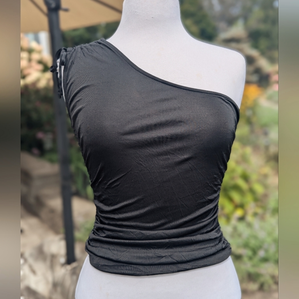 Express Black Asymmetrical Top with Ruched Sides - XS